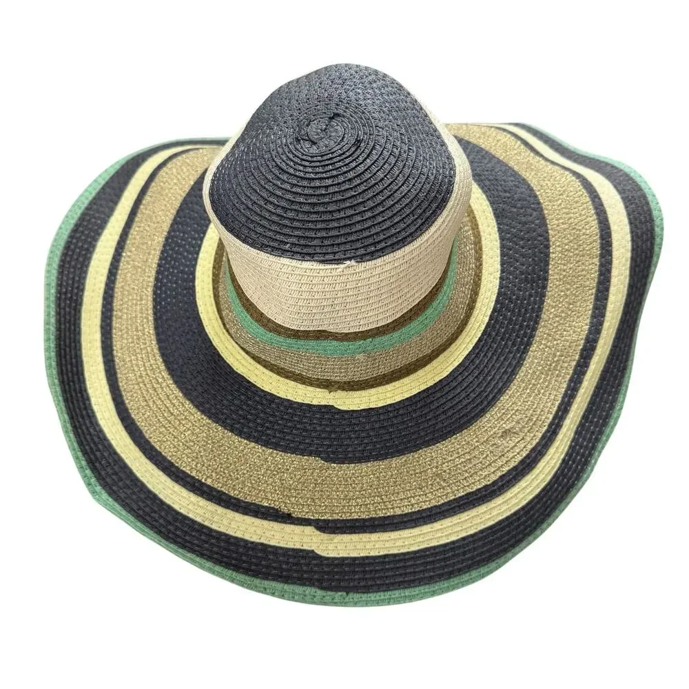 THE WEBSTER Target Navy Striped Woven Sun Hat Tan Green Gold Brown Summer Beach